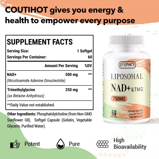 Coutihot Liposomal NAD+ 500mg with TMG 250mg, Actual NAD+ Supplement 60 Softgels