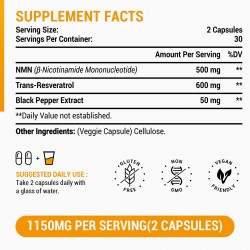 Coutihot NMN + Trans-Resveratrol 1100mg avec extrait de poivre noir 60 Capsules Coutihot NMN + Trans-Resveratrol 1100mg avec extrait de poivre noir 60 Capsules